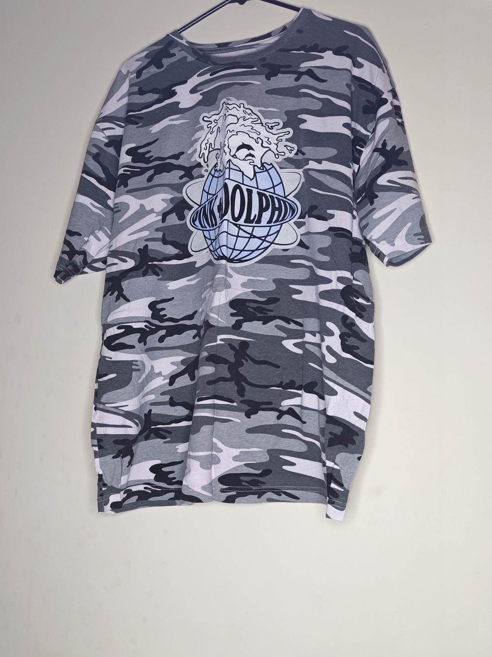 Pink Dolphin Grey Camo Tee with Blue Globe Dolphin Graphic